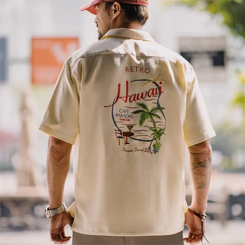 Men's light apricot Cuban collar shirt with bamboo and flower pattern, short sleeves
