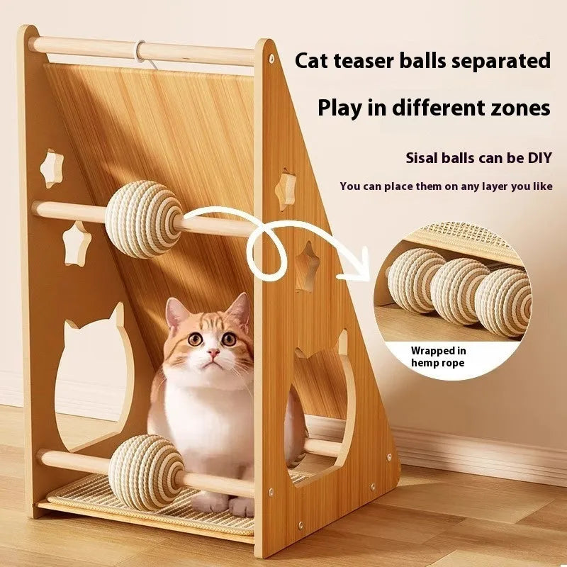Vertical wall-mounted cat scratch board with cat funny ball and hemp rope design