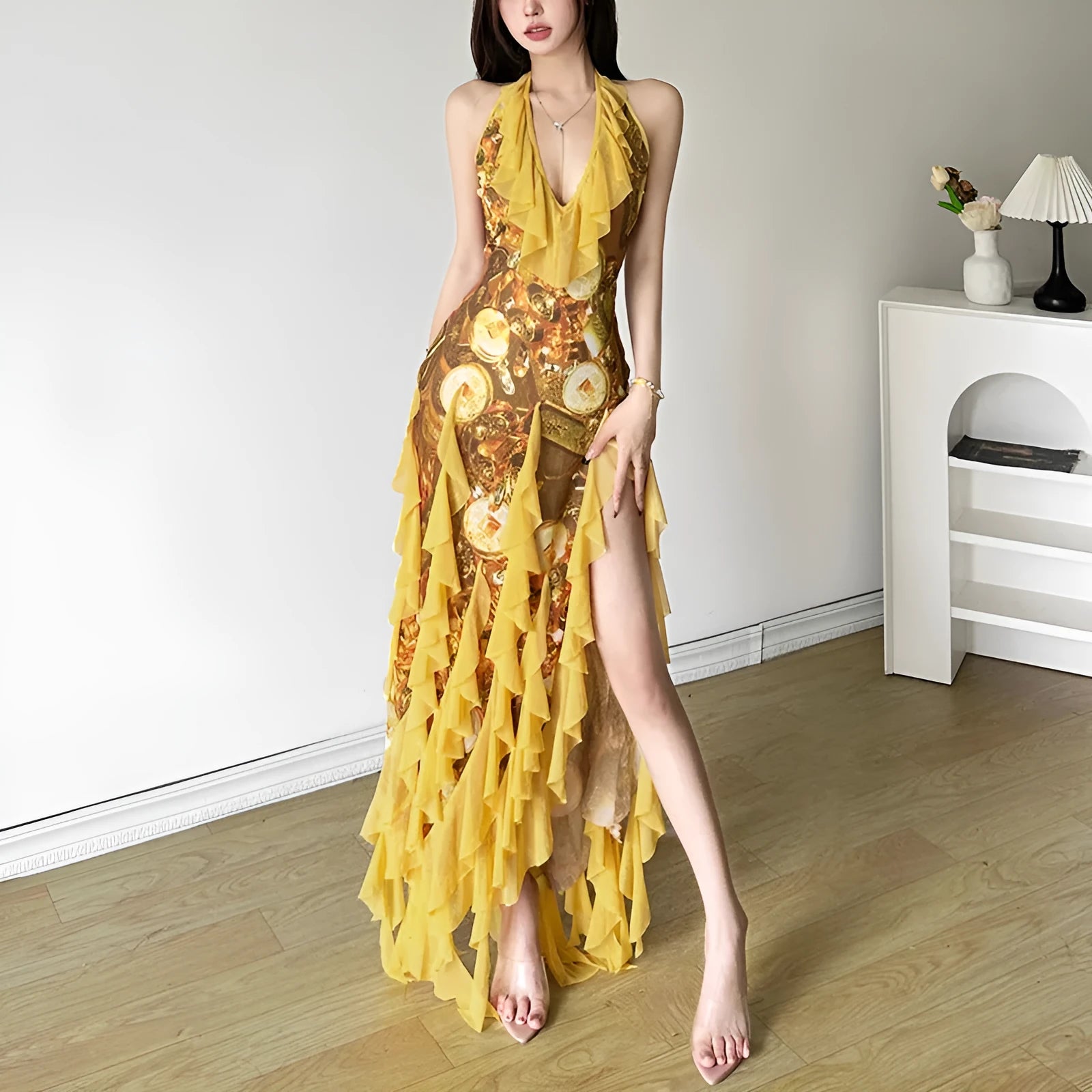 Yellow halter suspender skirt dress with ruffles and A-line cut, high waist, long length, sleeveless