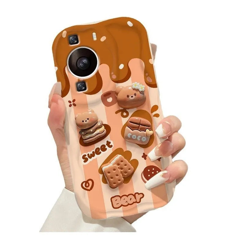 Cream pattern silicone phone case with chocolate bear doll lanyard for iPhone 15 Pro