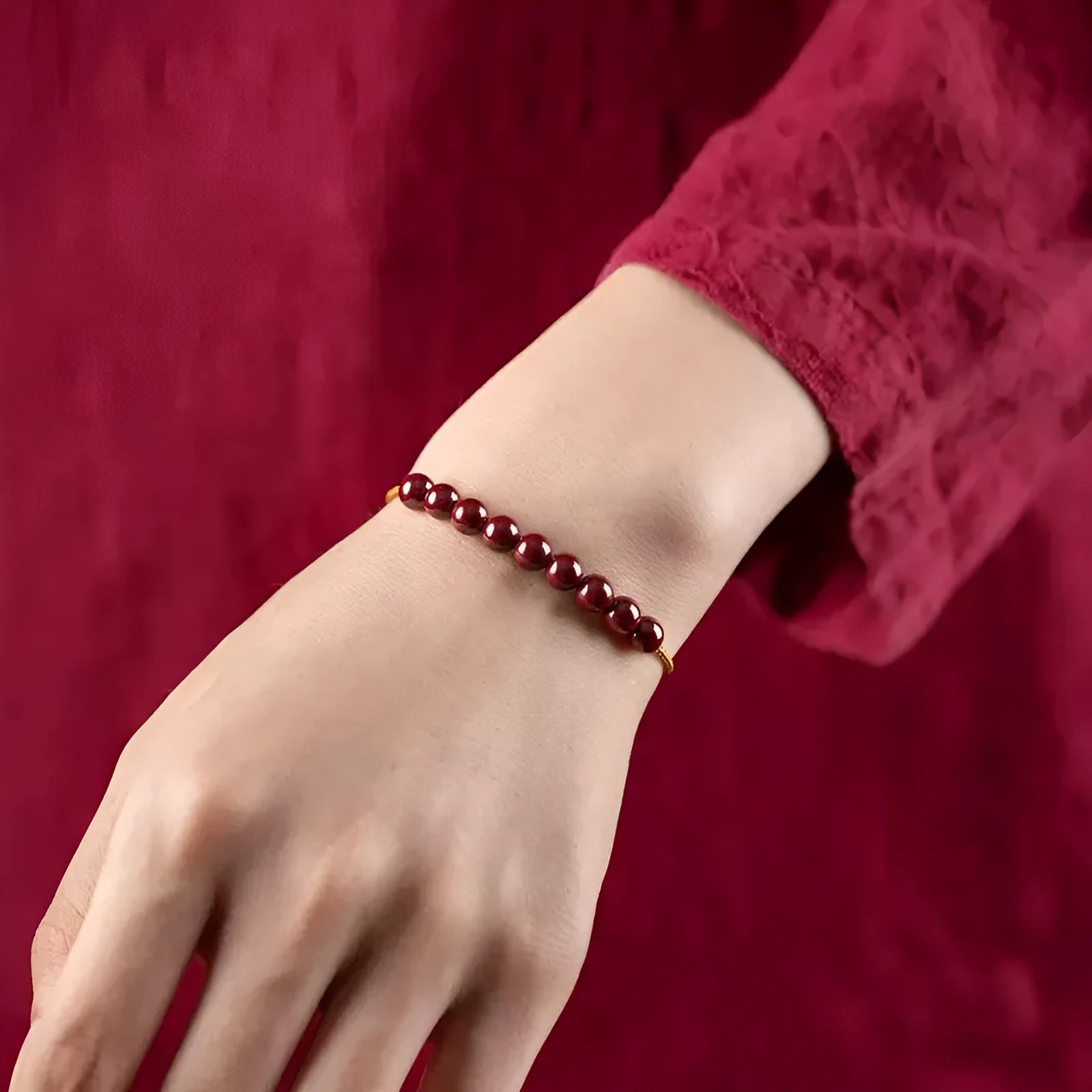 Hand-woven cinnabar geometric bracelet with a raw ore design.