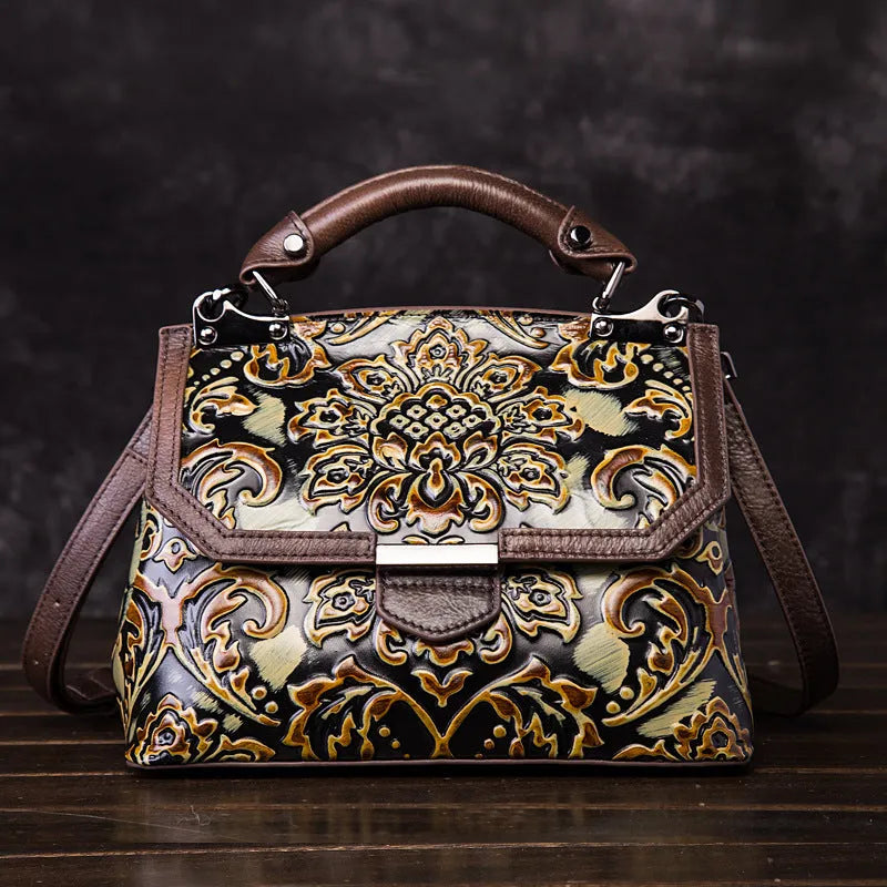 Women's retro shoulder messenger bag made of genuine cowhide leather with embossed flowers, flap closure, horizontal shape, apricot colour