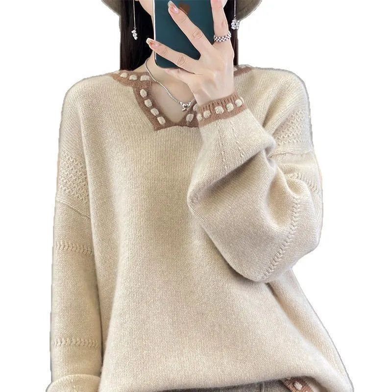 Women's camel colour v-neck viscose sweater with regular long sleeves on hanger