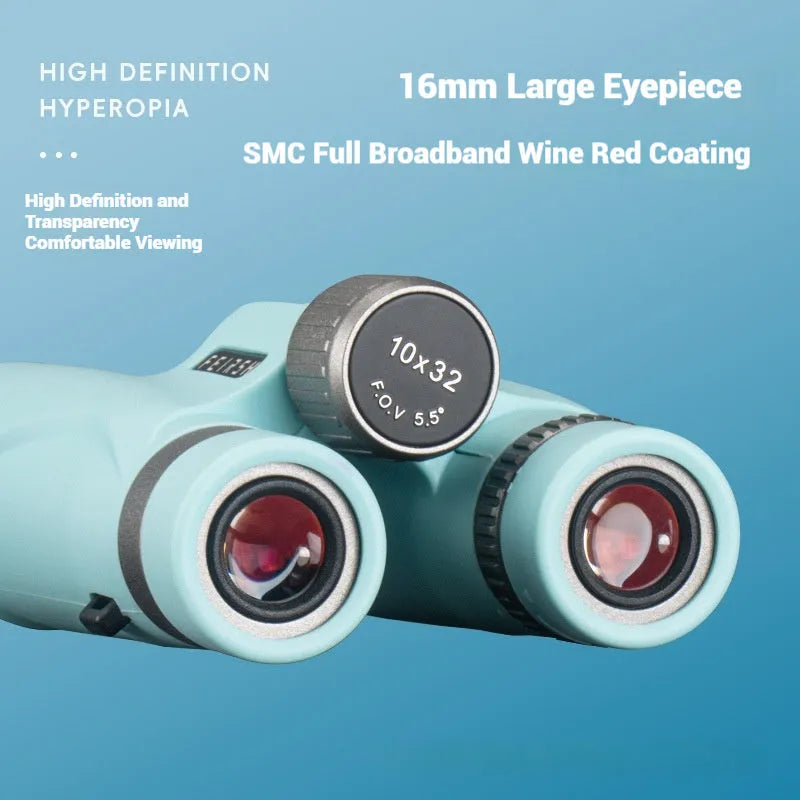 10x32 magnification binoculars with wine red film coating in compact plastic housing