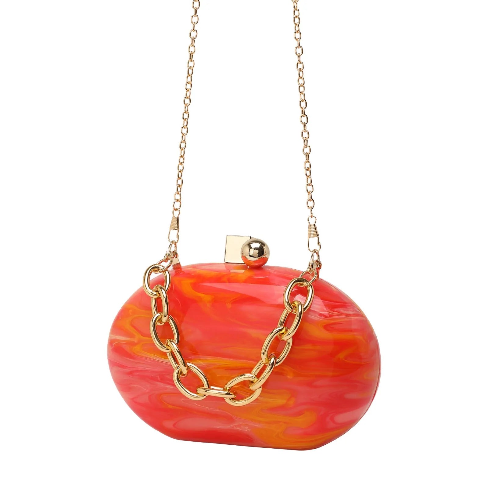 Oval acrylic chain crossbody handbag in pearlescent white with hard shell and three-dimensional pocket