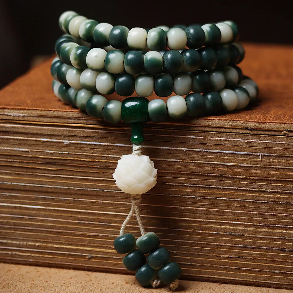 Bodhi root beads bracelet with floating flowers landscape pattern in 8x10mm size