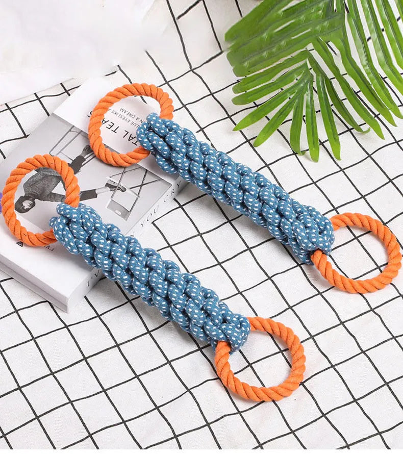 Blue double-ring braided cotton knot dog toy on white background, 37cm length