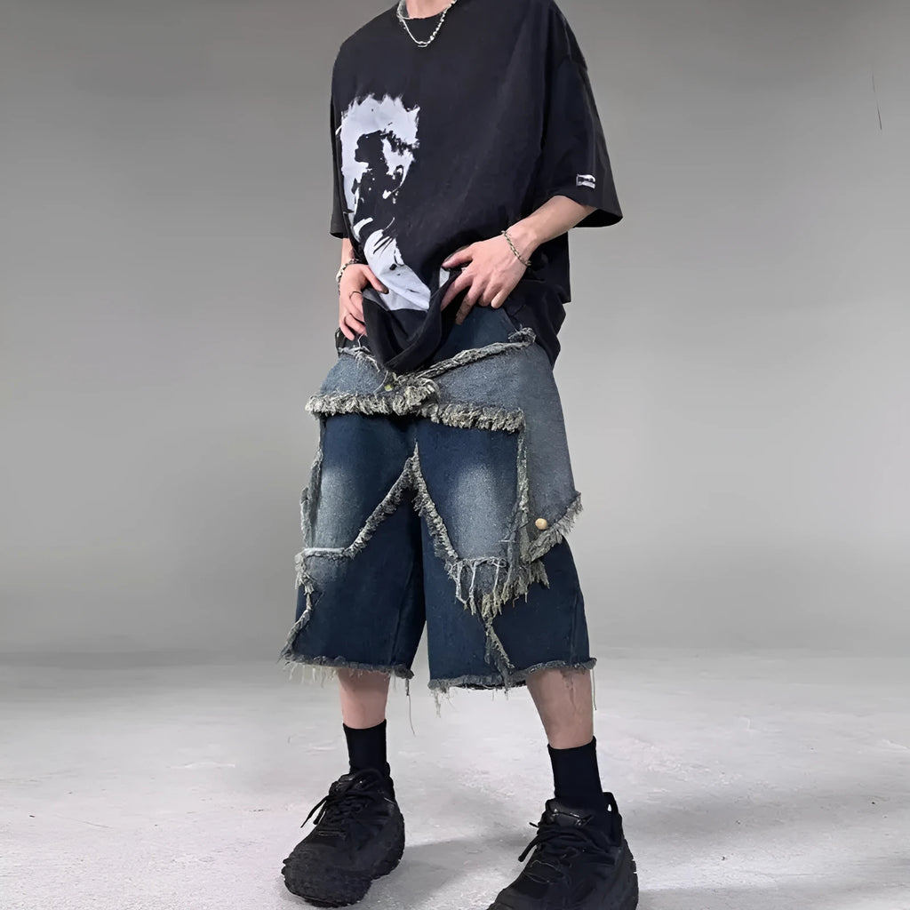 Blue denim shorts with frayed five-pointed star embroidery, loose fit summer shorts