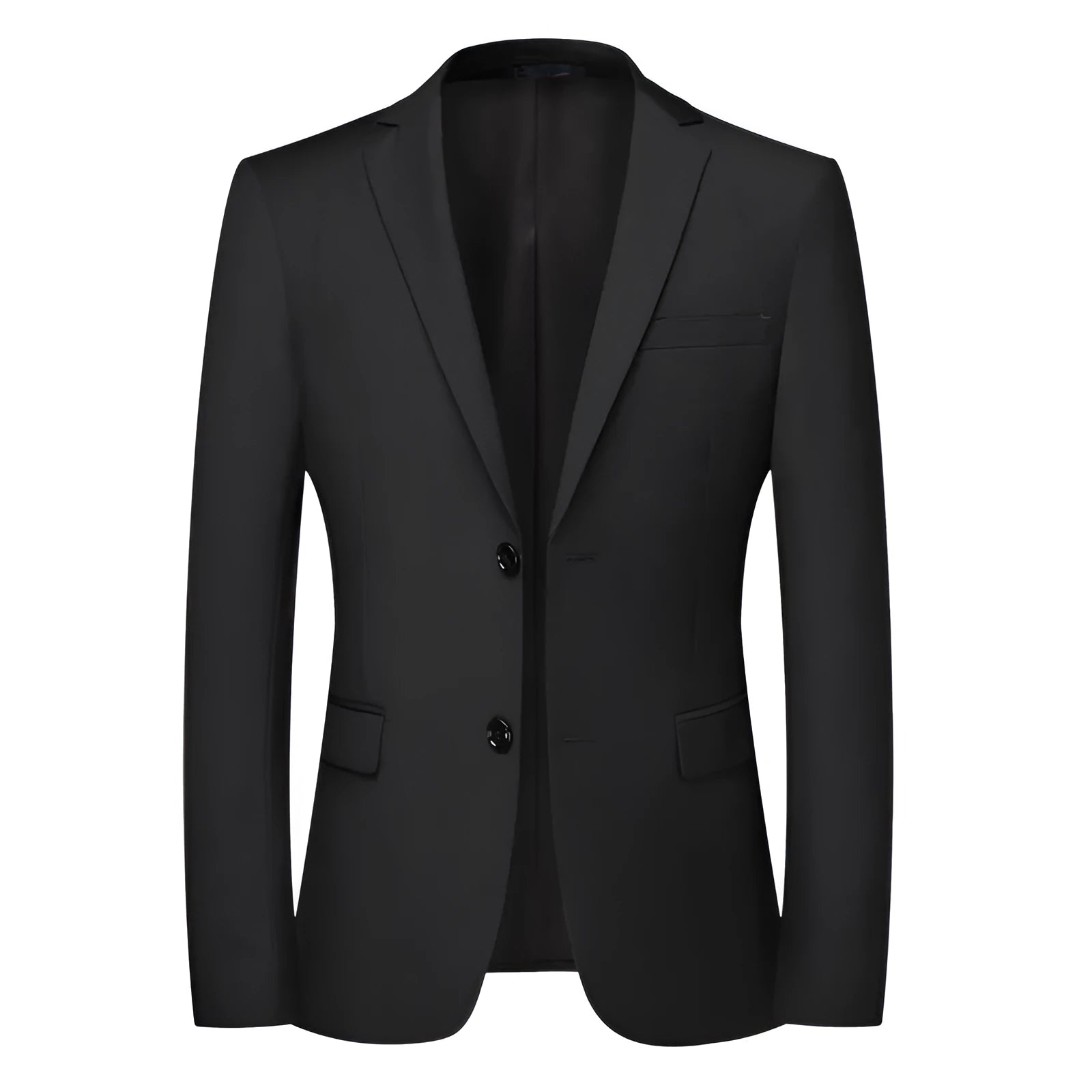 Men's casual solid colour slim fit polyester suit top jacket black long sleeves front view