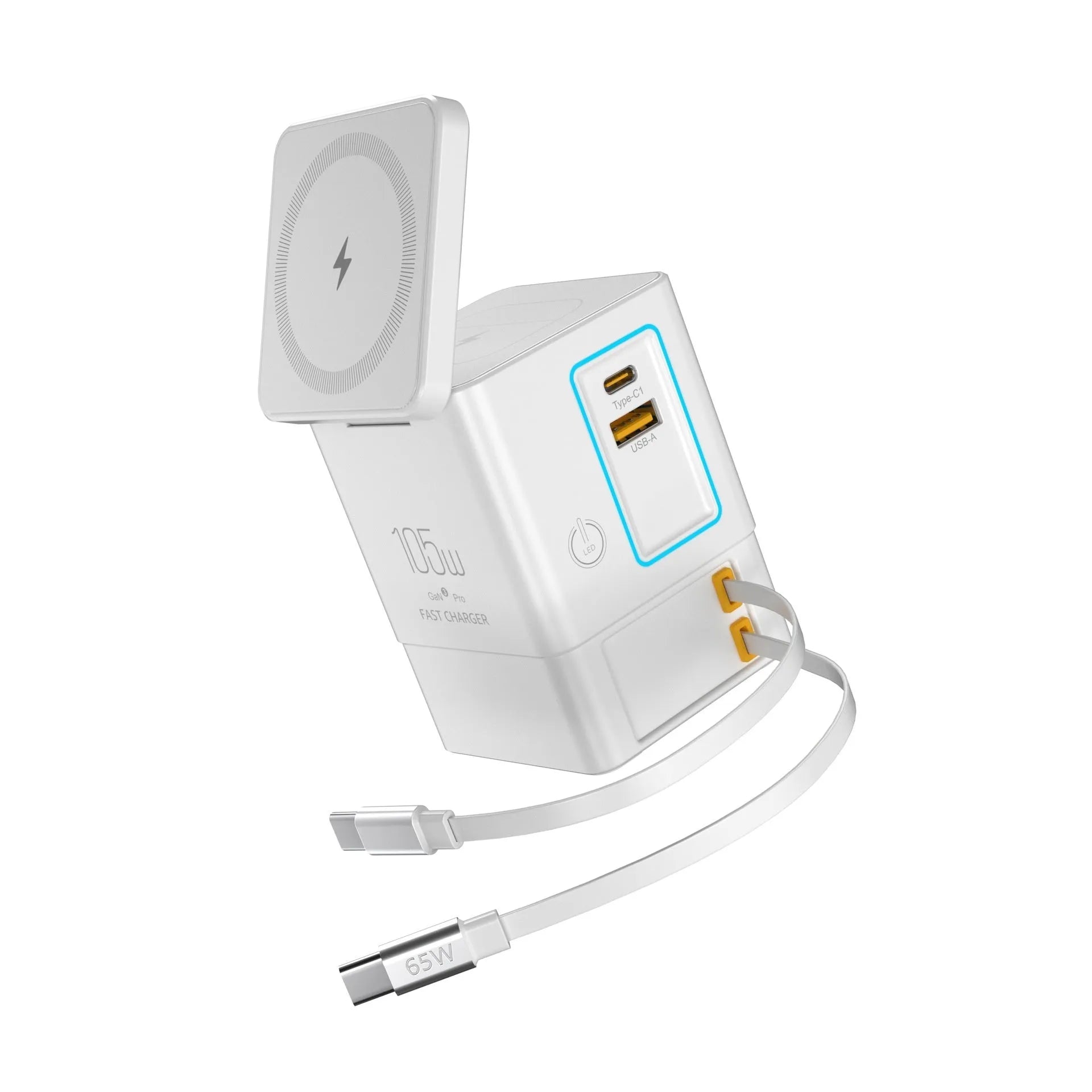 105W GaN magnetic wireless charger in black with interchangeable UK EU US AU power plugs