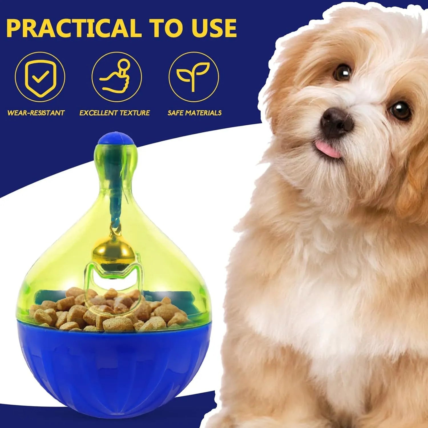 Blue tumbler-shaped interactive treat dispenser ball for dogs and cats on a wooden floor