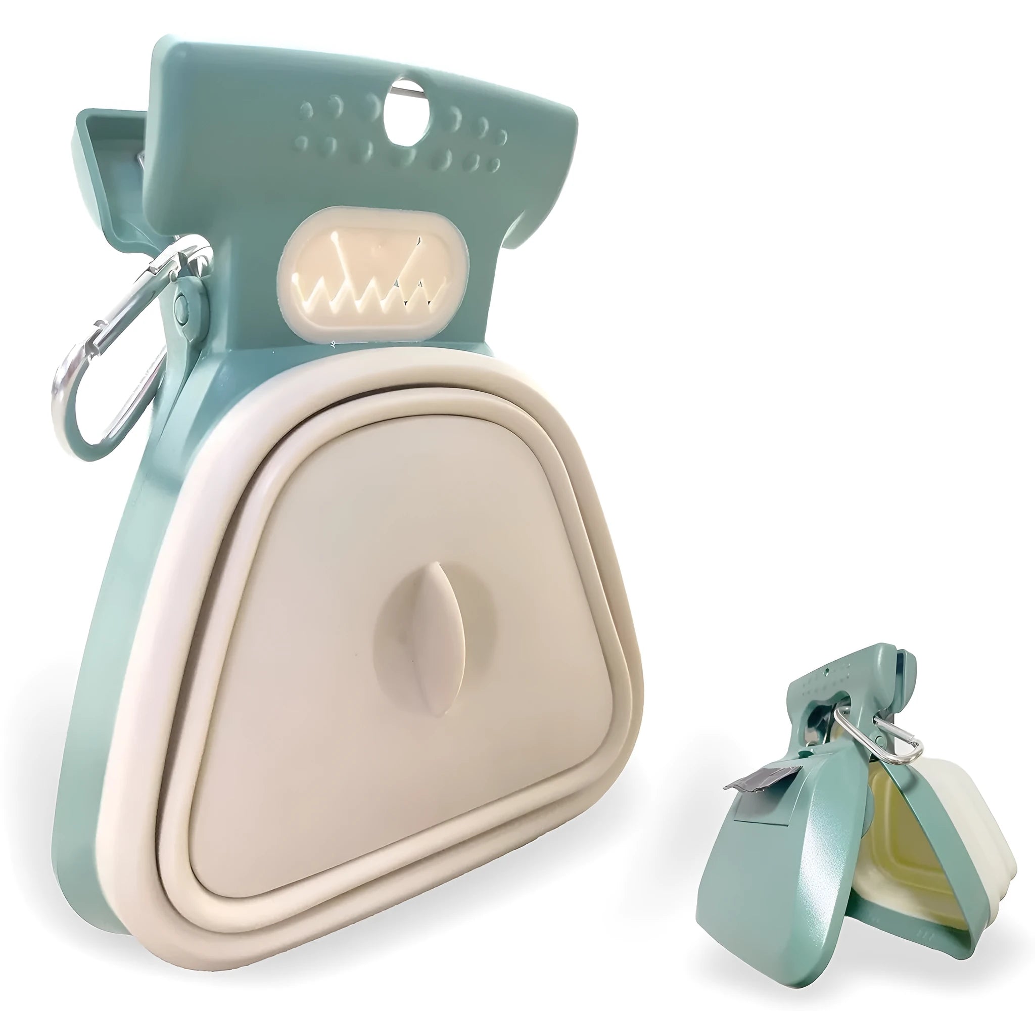 Blue portable pooper scooper with clip, expandable container, and bag dispenser for dog waste cleanup.