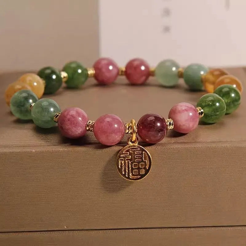 Natural colour tourmaline flower bracelet for women, geometric shape, electroplated finish, unisex style