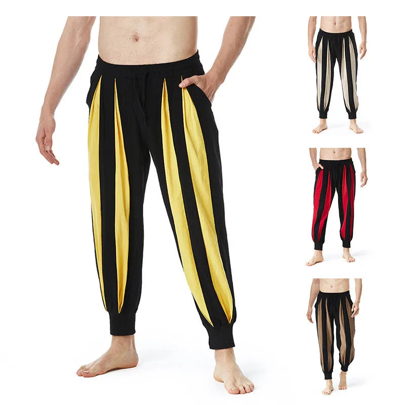 Men's straight-leg casual trousers in brown, khaki, red, or yellow for spring wear.
