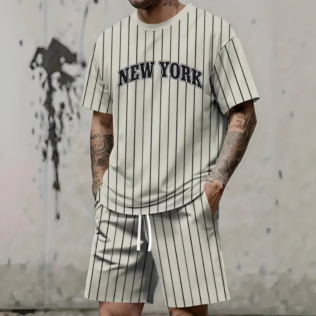 Men's short sleeve top and shorts set with 3D printed letter designs in multiple colour options.