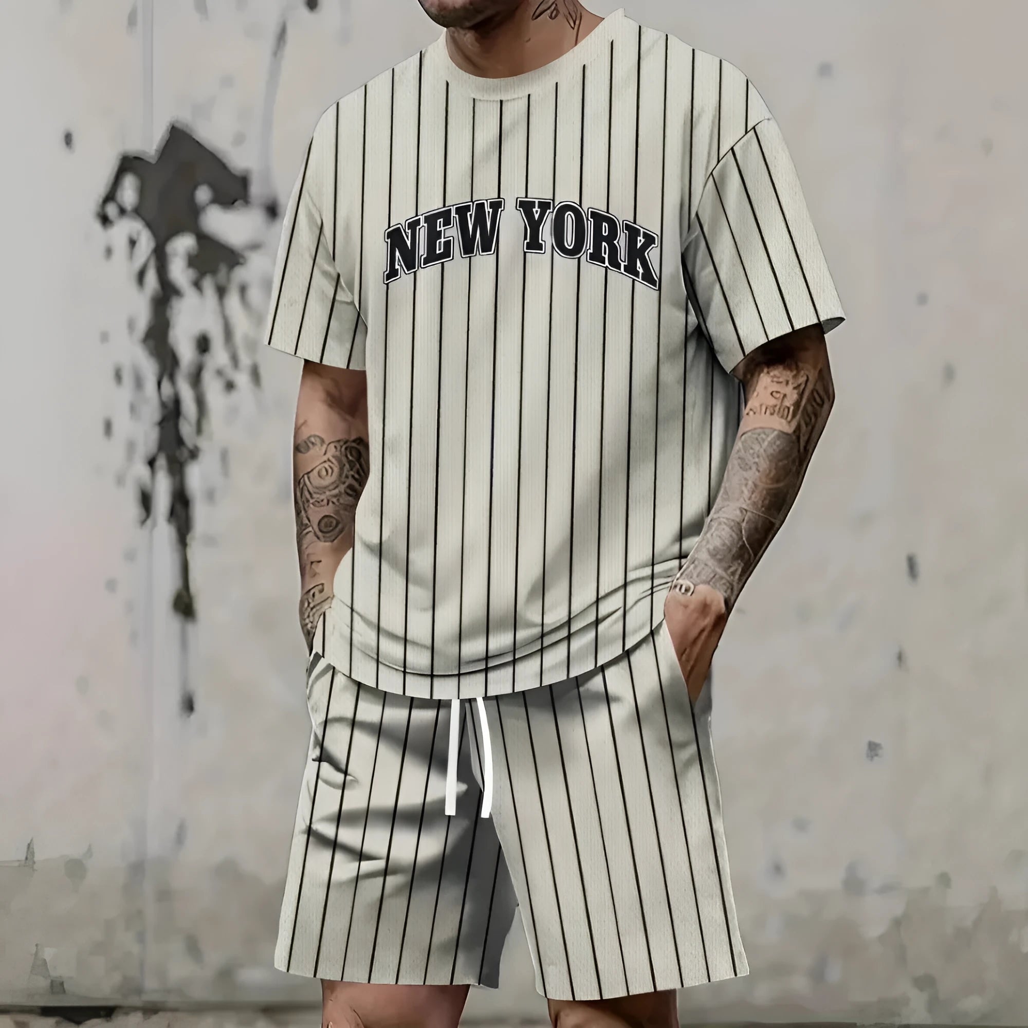Men's short sleeve top and shorts set with 3D printed letter designs in multiple colour options.