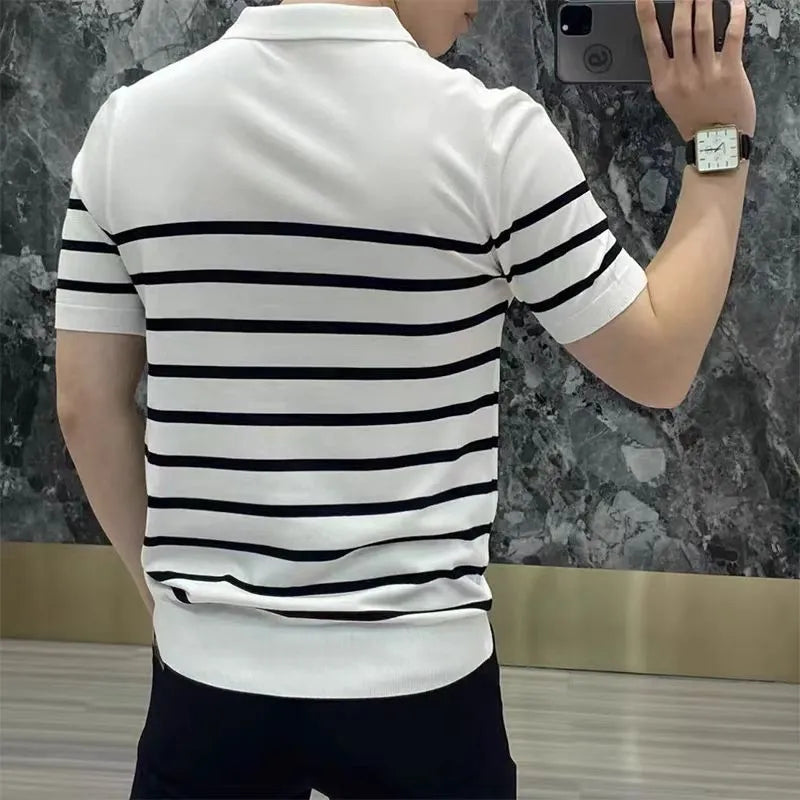 Men's black and white striped knit T-shirt with collar lapel detail