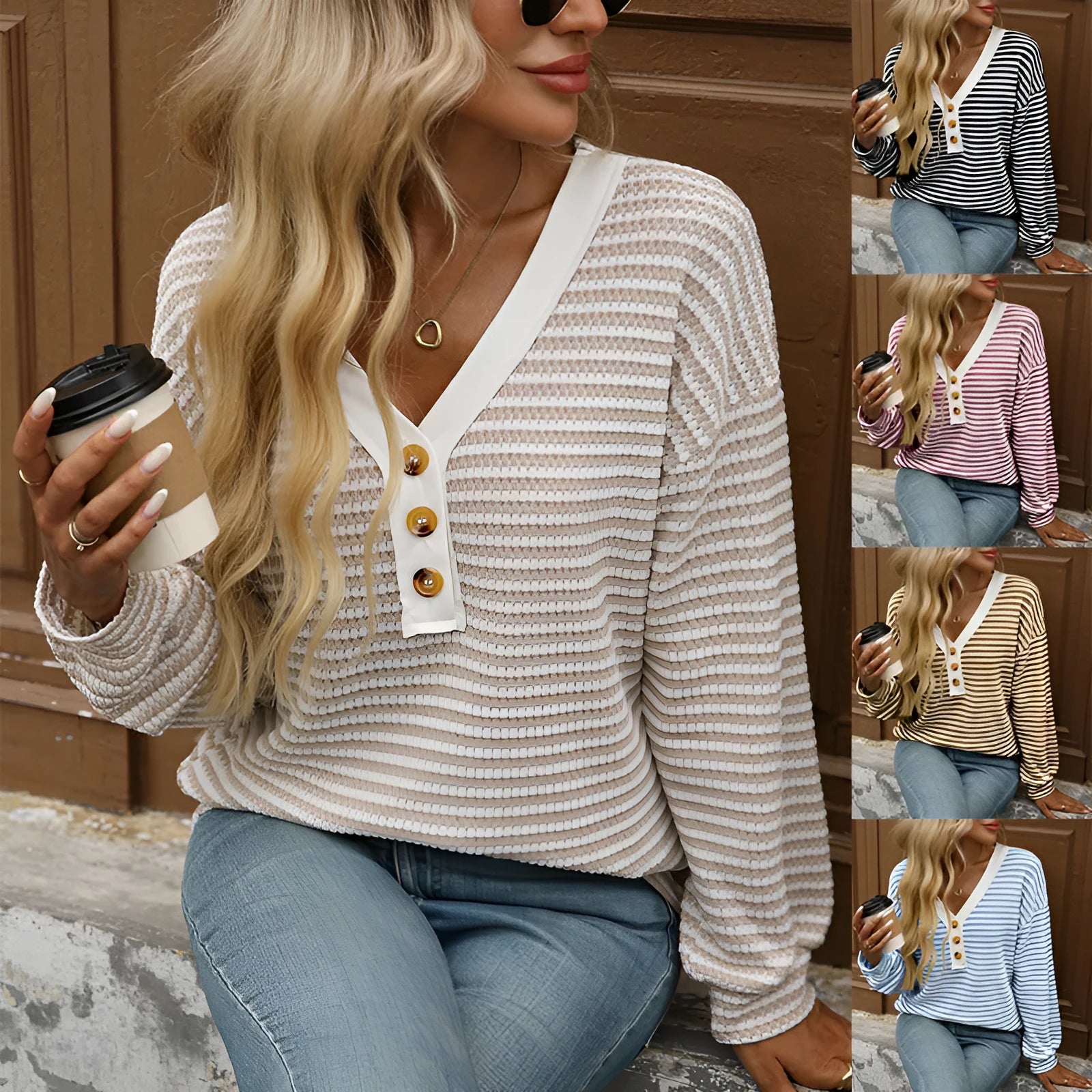 Women's loose V-neck pullover top with patchwork design in polyester fabric