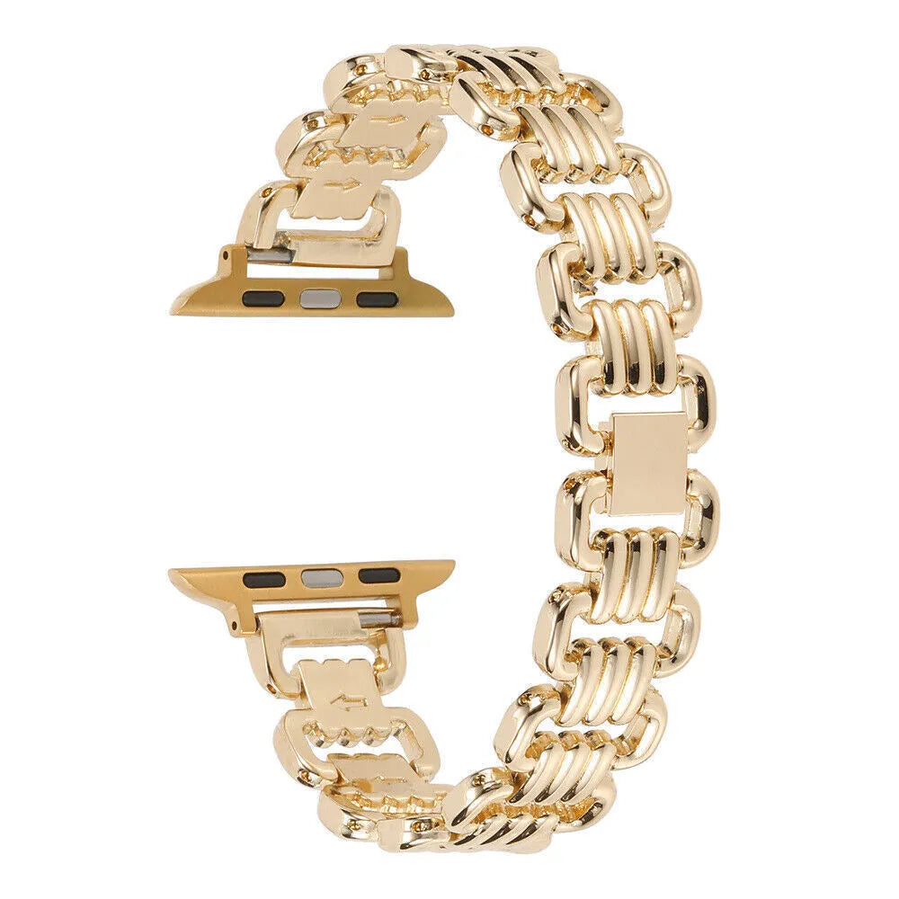 Alloy metal replacement bracelet for Apple Watch in silver, black, gold, rose gold, and Starlight colours.