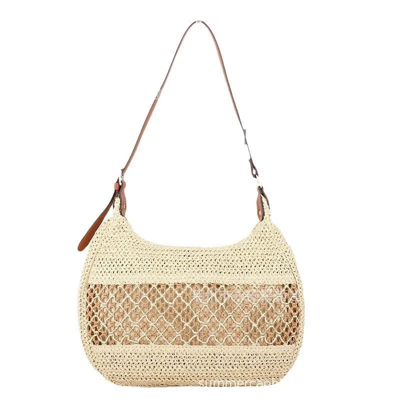 Women's straw cross body bag in khaki colour showing horizontal square shape and sandwich pocket design