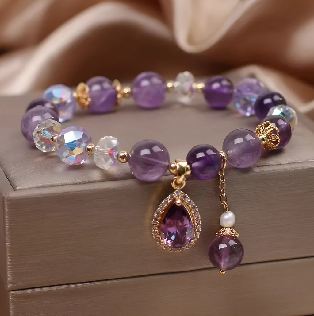 Purple natural amethyst bracelet for women with micro inlay crystal construction