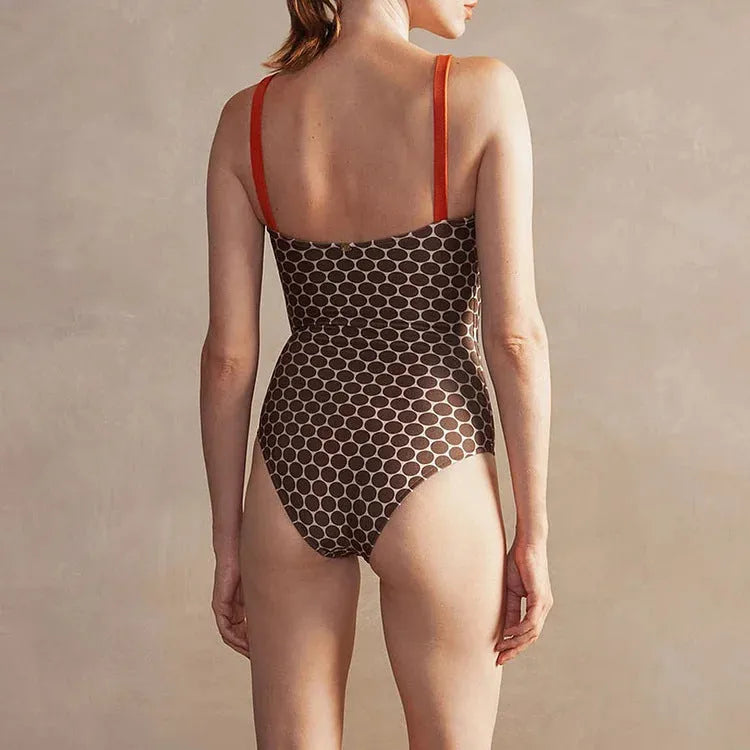 Women's double-sided one-piece swimsuit with dotted pattern and wrap skirt in high-stretch polyester