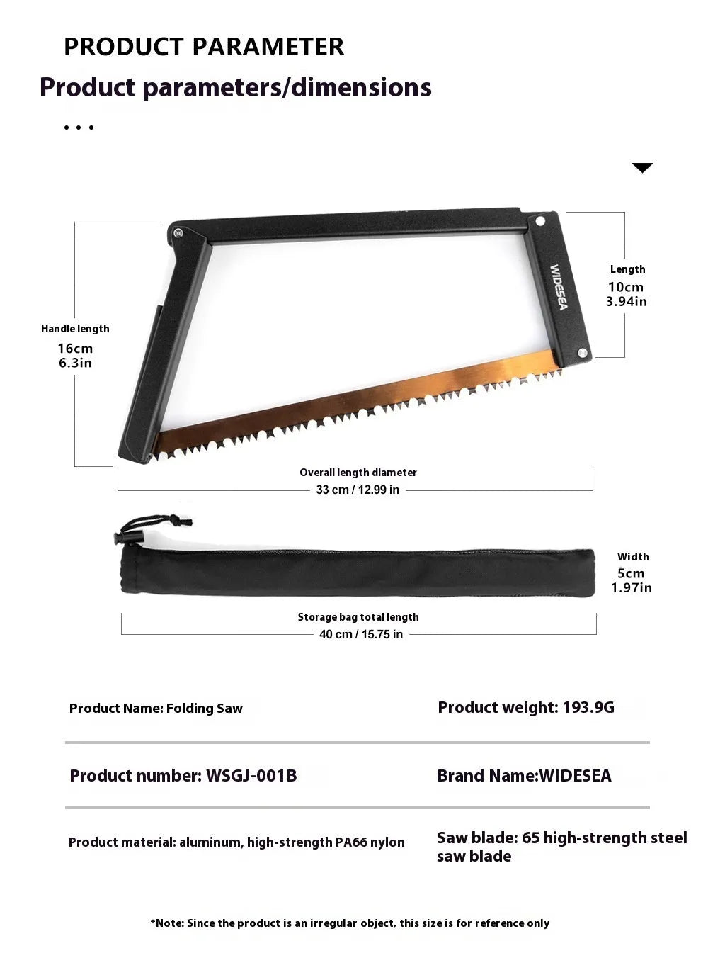 Outdoor foldable saw black aluminium PA66 nylon handle No. 65 Gao Meng hacksaw blade