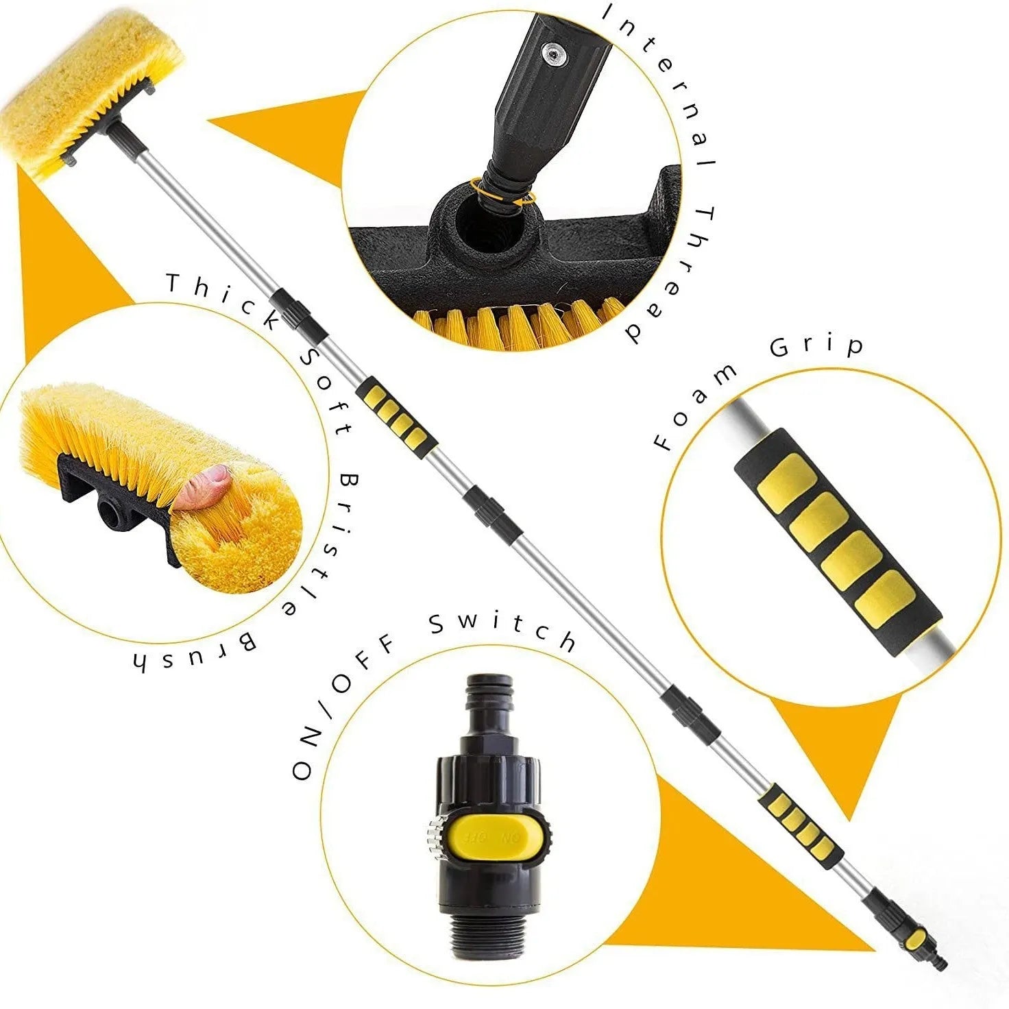 Yellow portable car wash brush with four-section rod on a clean car surface, showing flow-through design