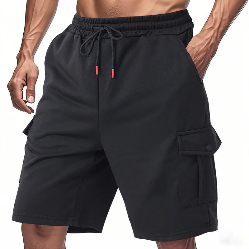 Men's loose cargo shorts in terry cloth with multiple pockets in light grey colour