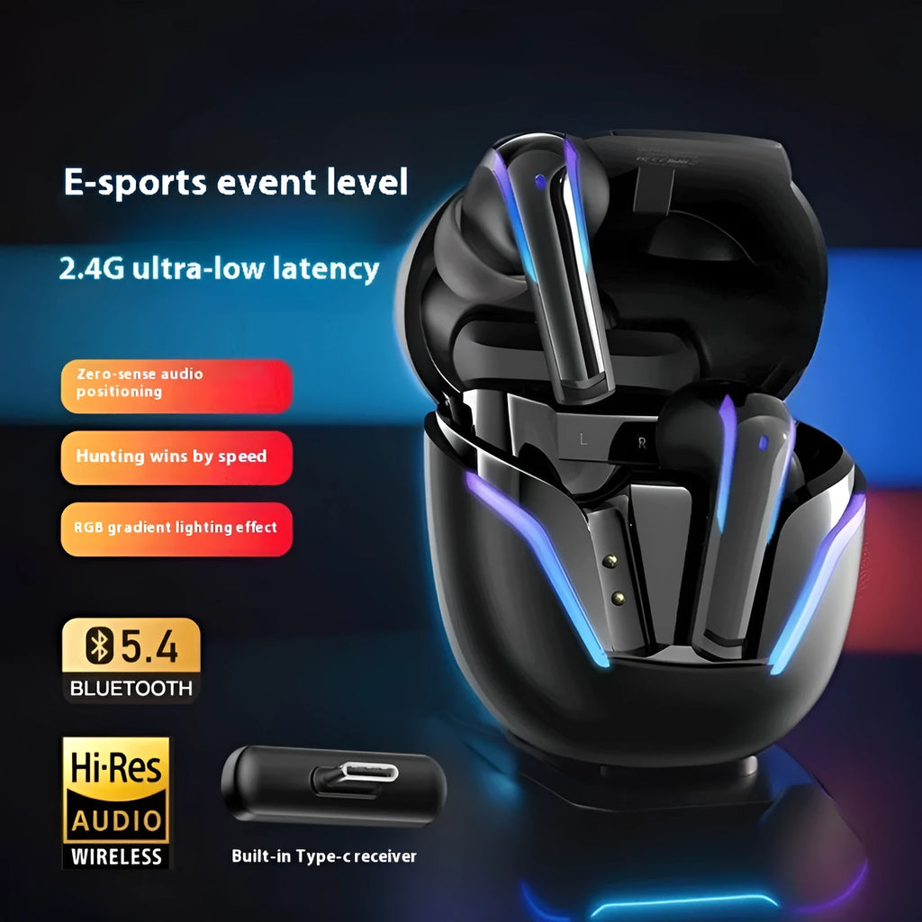 GameBuds G7 wireless earbuds in StarCraft Black with gradient breathing light and 2.4G receiver