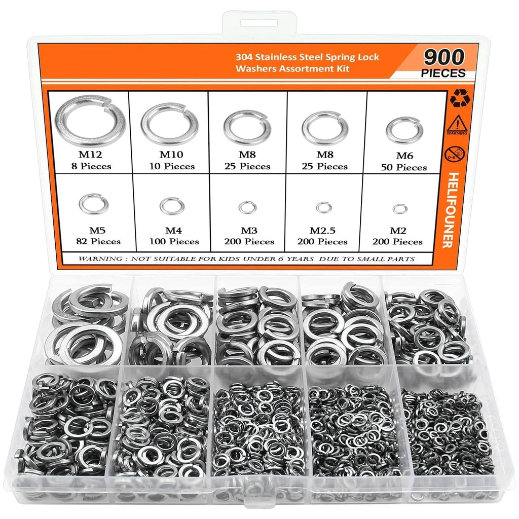 304 stainless steel spring lock washer combination box set with 900 pieces in various sizes