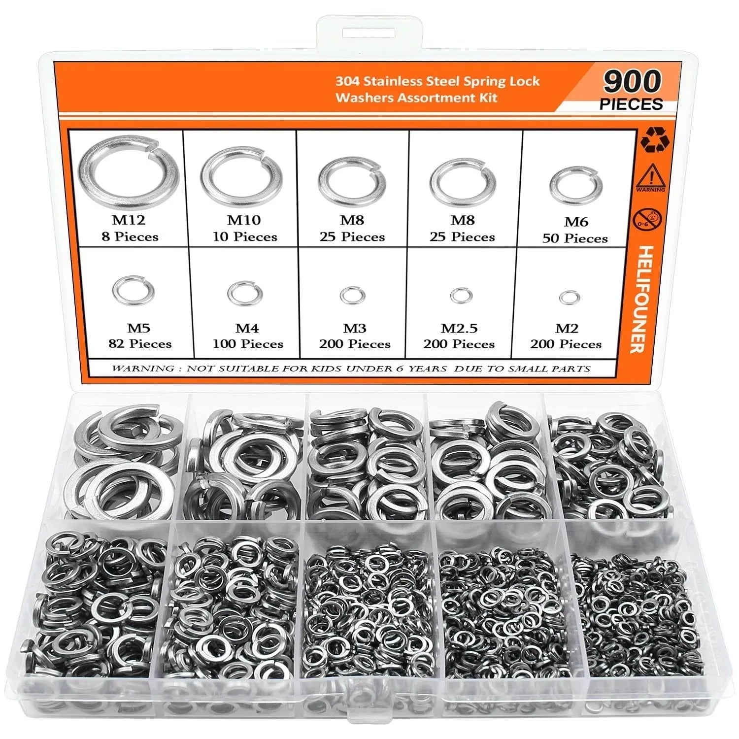 304 stainless steel spring lock washer combination box set with 900 pieces in various sizes