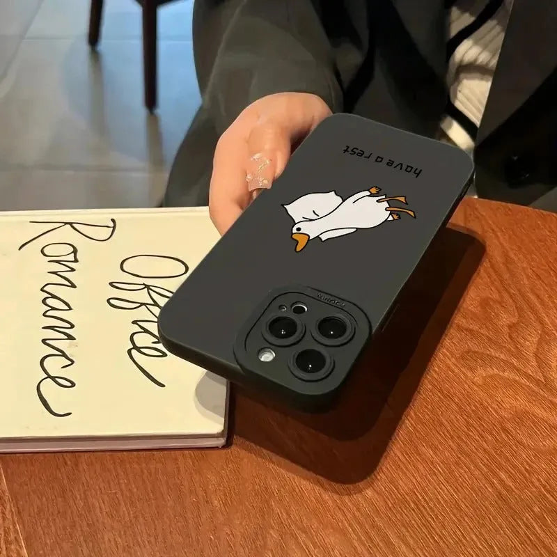 Creative cute cartoon duck silicone phone case for Apple iPhone in black with carved duck design