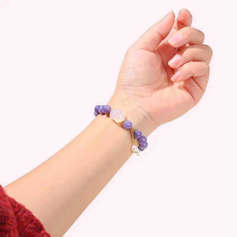 Purple aquamarine and agate geometric round bead bracelet with rabbit motif, handmade, sizes 6mm 8mm and 12x16mm