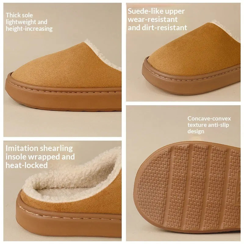 Indoor anti-slip plush slippers with rubber sole and satin upper in beige colour, round toe design, available in multiple sizes.