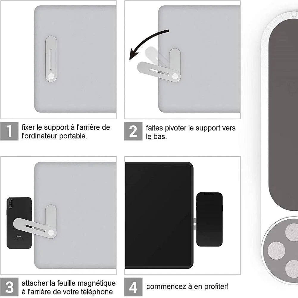 Silver aluminium alloy laptop screen holder with a smartphone attached via magnetic pads