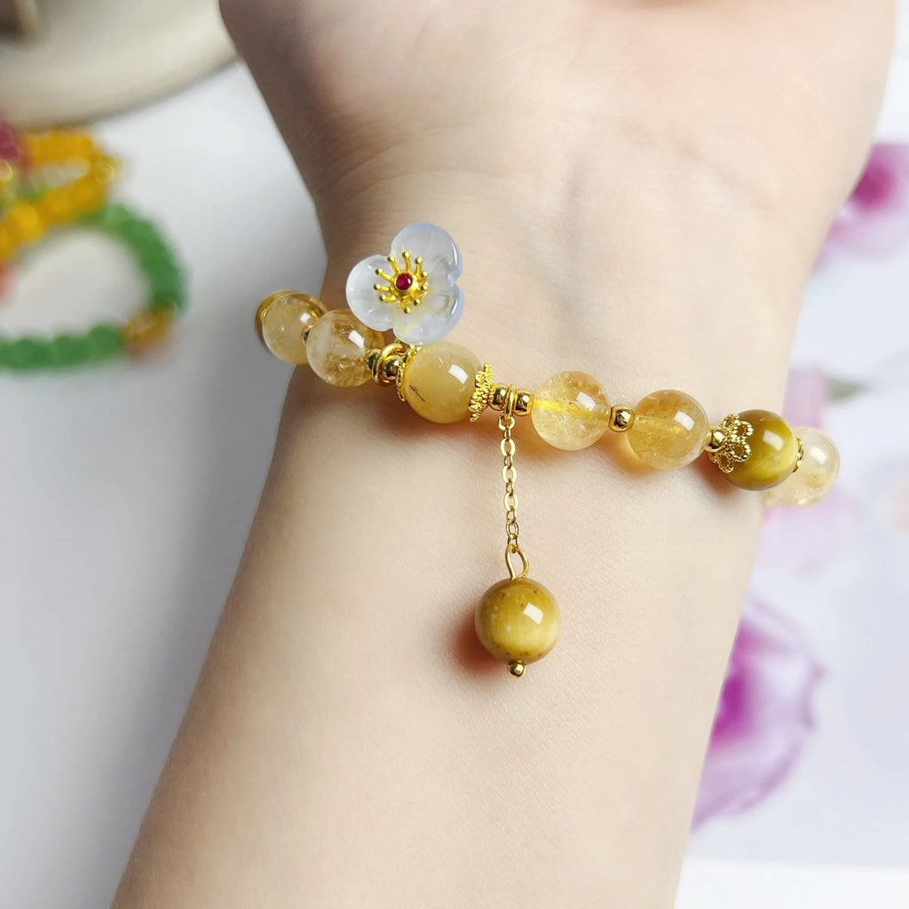 Citrine crystal flower tassel bracelet for women, handmade original design