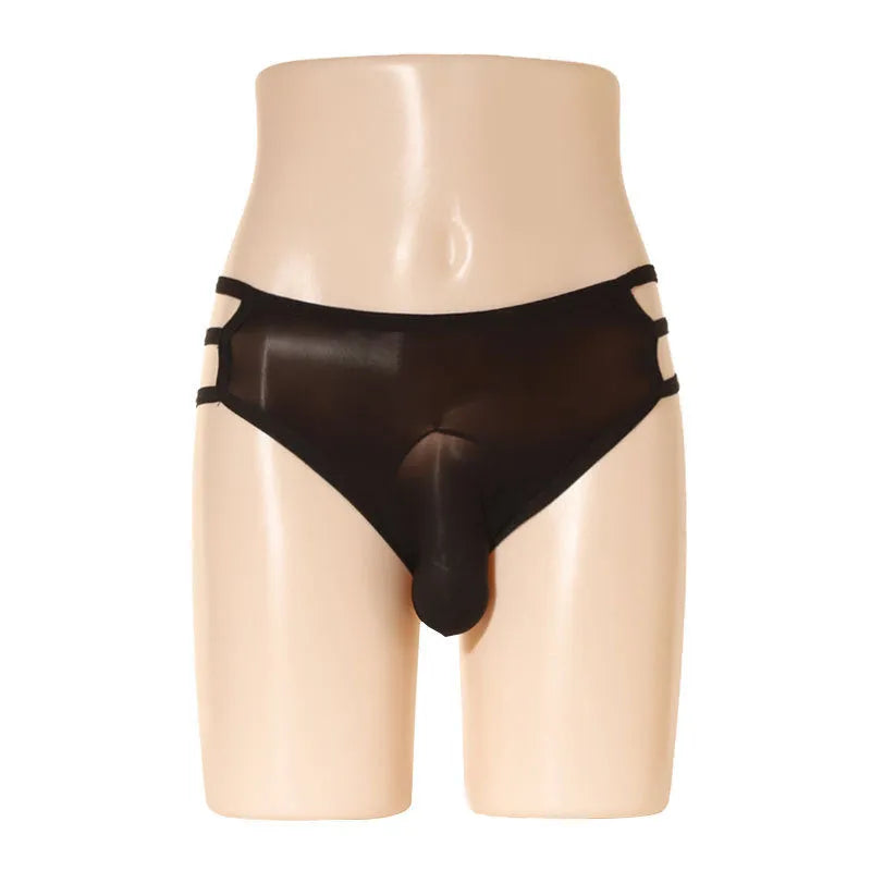 Men's transparent elephant nose nylon shorts in multiple colours including black, blue, and skin colour