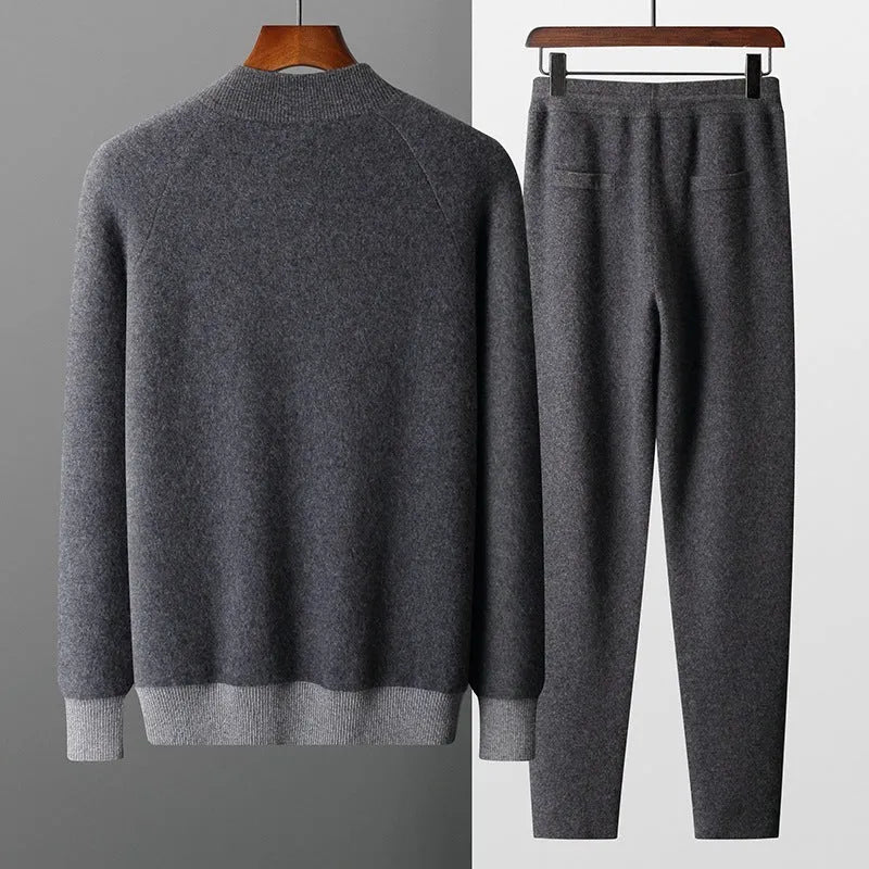Men's cashmere wool blend cardigan suit with half turtleneck and matching trousers in winter colours