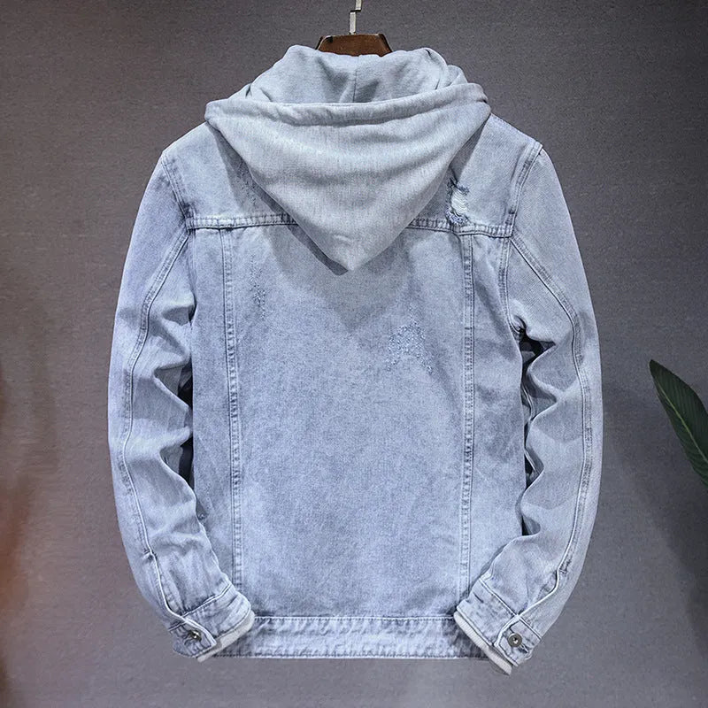 Men's light blue cotton denim jacket with detachable hood, regular fit, long sleeves, and straight hem on a plain background