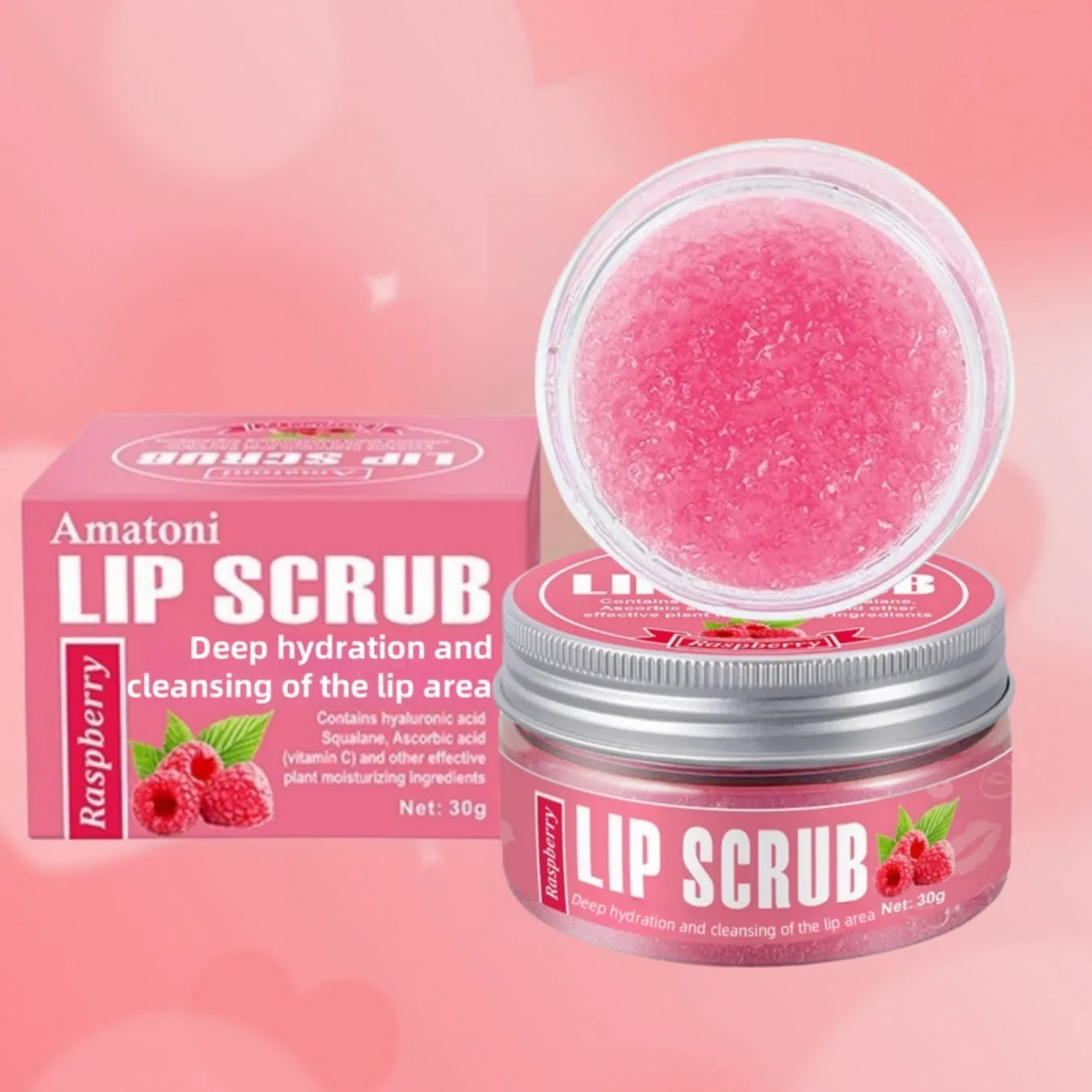 Amatoni 30g lip scrub cream pot in fruit flavours for exfoliating and moisturising lip care