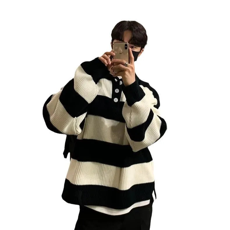 Men's loose striped pullover coat sweater in black, front view, long sleeves, polyester fibre knit