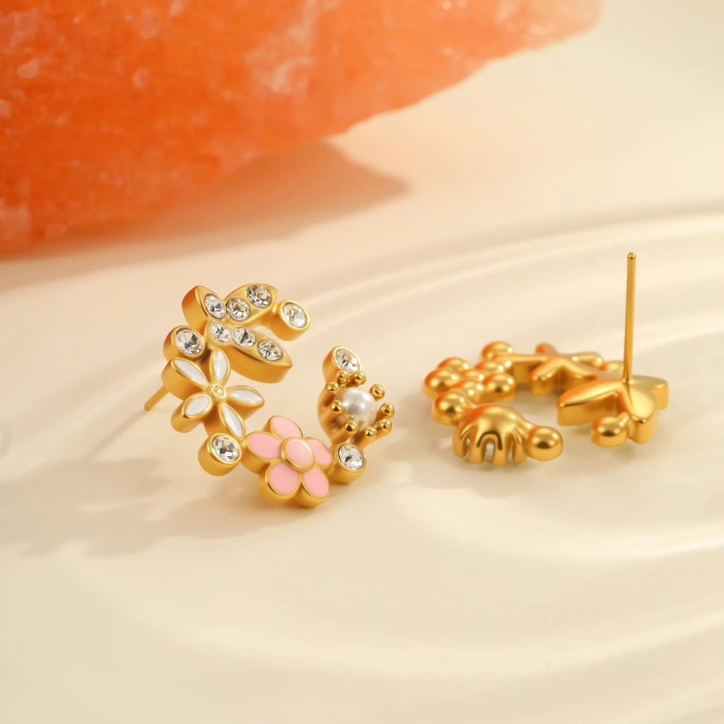 Colourful stainless steel flower petal stud earrings with 18K electroplated finish