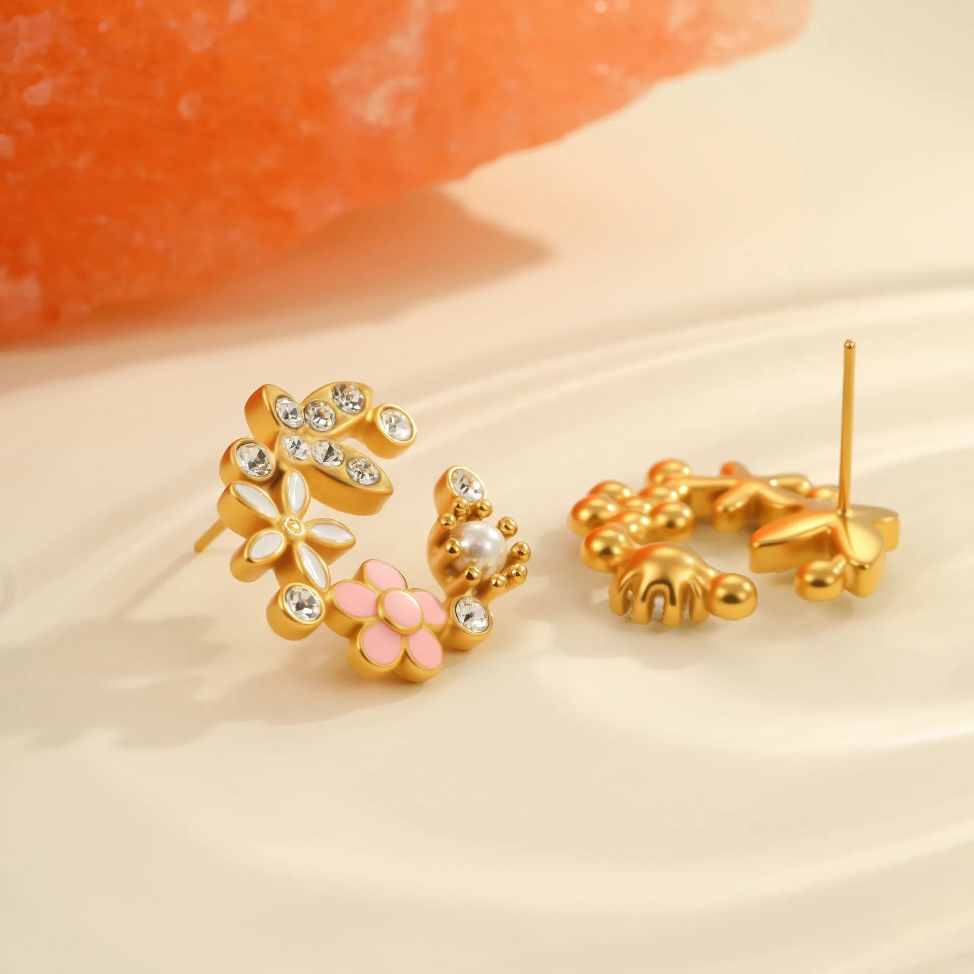 Colourful stainless steel flower petal stud earrings with 18K electroplated finish