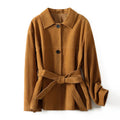 Yellow brown retro cashmere coat with Peter Pan collar, belt, and leather stitching detail.