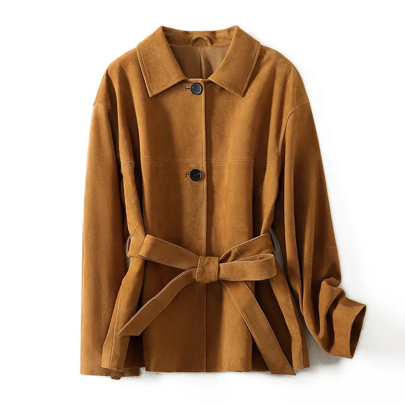 Yellow brown retro cashmere coat with Peter Pan collar, belt, and leather stitching detail.