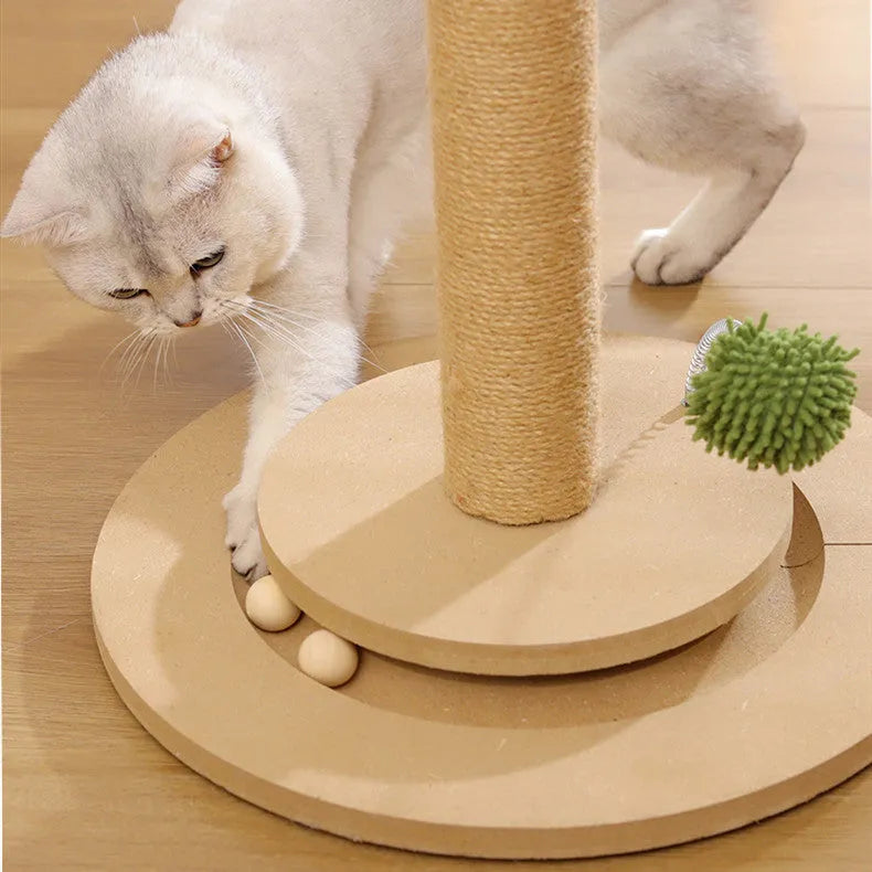 Vertical cat climbing frame with hemp rope scratching posts on a density plate base
