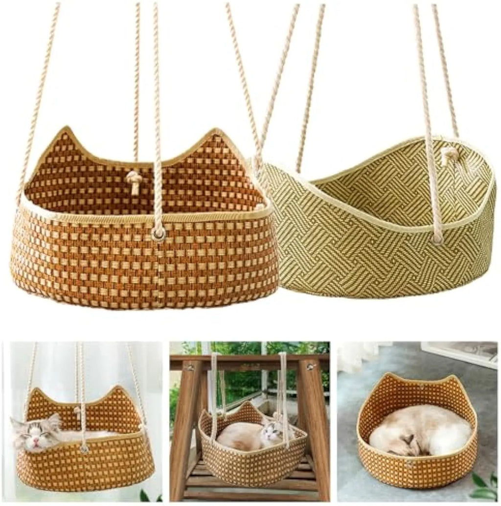 Breathable cat hammock made of rattan and bamboo with metal hooks for indoor outdoor use, 40x20cm