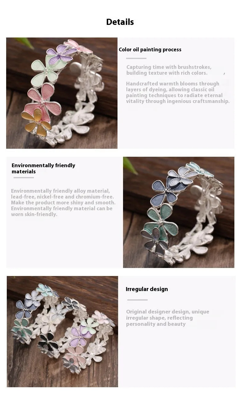 Women's zinc alloy flower elastic bracelet in blue with dripping oil finish