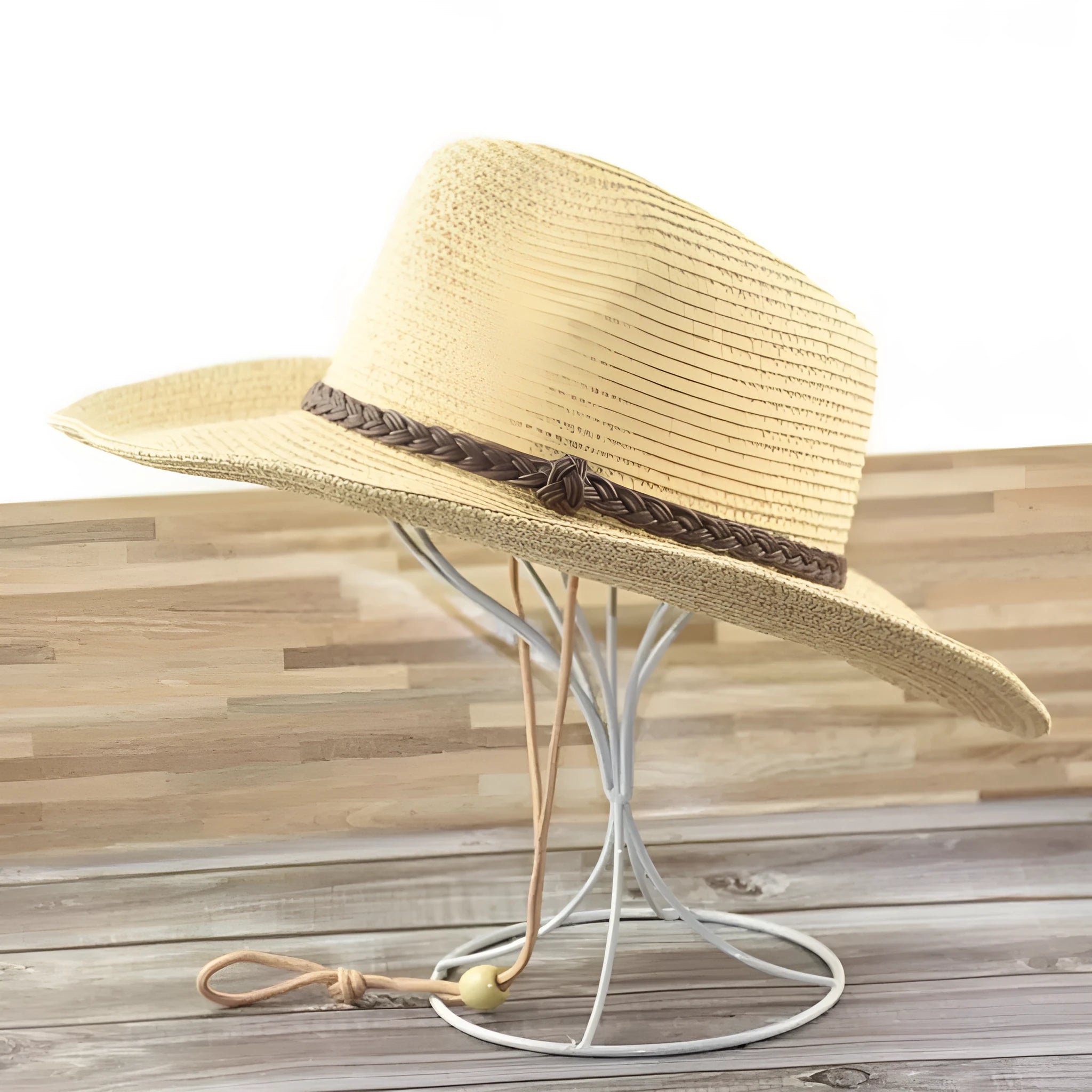 Men's foldable straw sun hat with wide brim in beige colour shown folded and unfolded